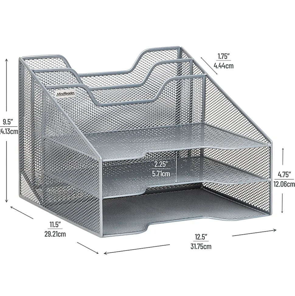 Mind Reader Desktop Vertical Paper Tray Organizer, 9-1/2” H x 11-1/2” W x 12-1/2” D, Silver