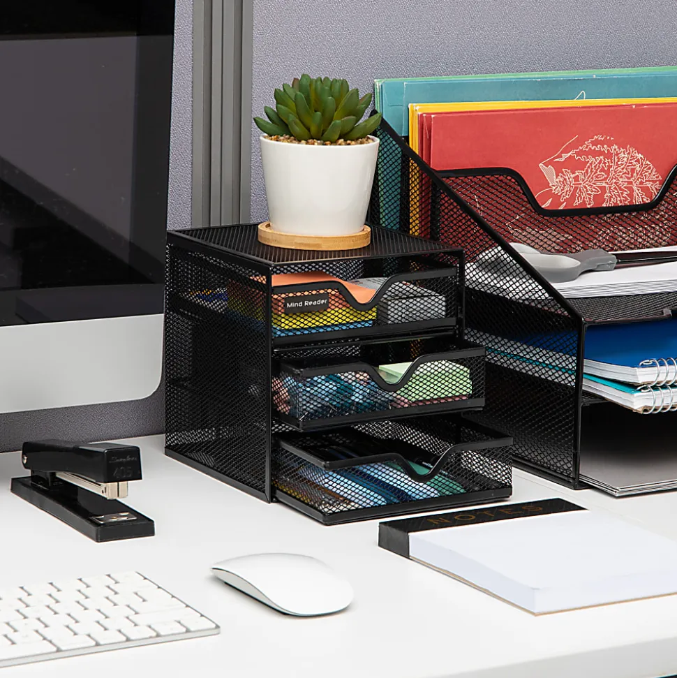 Mind Reader 3-Drawer Accessory Storage Desktop Organizer, 6-1/2"H x 6-1/2"W x 6-1/4"L, Black