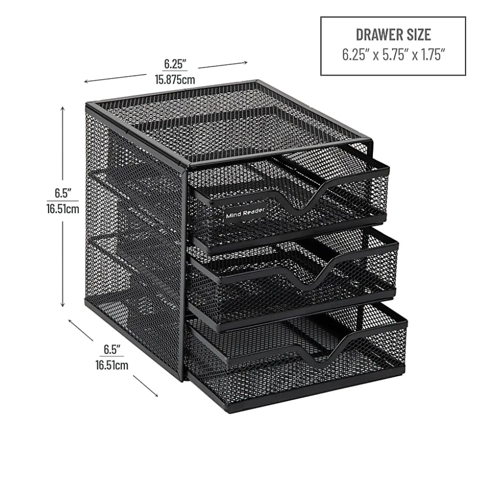 Mind Reader 3-Drawer Accessory Storage Desktop Organizer, 6-1/2"H x 6-1/2"W x 6-1/4"L, Black