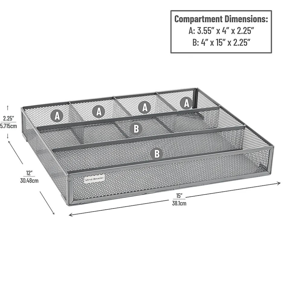 Mind Reader Drawer Organizer Utensil Organizer Desk Organizer, 2-1/4"H x 12"W x 15"L, Silver, Set of 2 Organizers