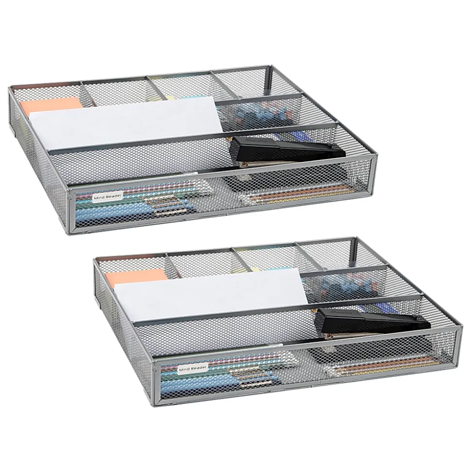 Mind Reader Drawer Organizer Utensil Organizer Desk Organizer, 2-1/4"H x 12"W x 15"L, Silver, Set of 2 Organizers