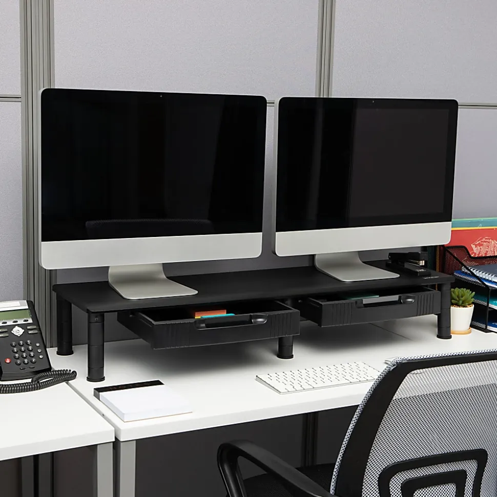Mind Reader Dual-Monitor Stand With Drawers, 6-1/2"H x 11"W x 38-1/2"D, Black