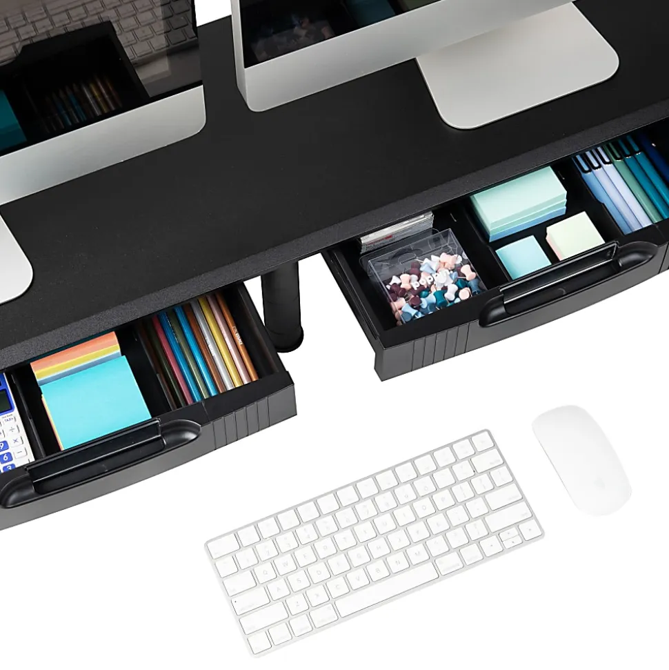 Mind Reader Dual-Monitor Stand With Drawers, 6-1/2"H x 11"W x 38-1/2"D, Black