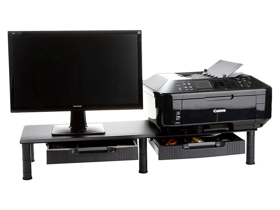 Mind Reader Dual-Monitor Stand With Drawers, 6-1/2"H x 11"W x 38-1/2"D, Black
