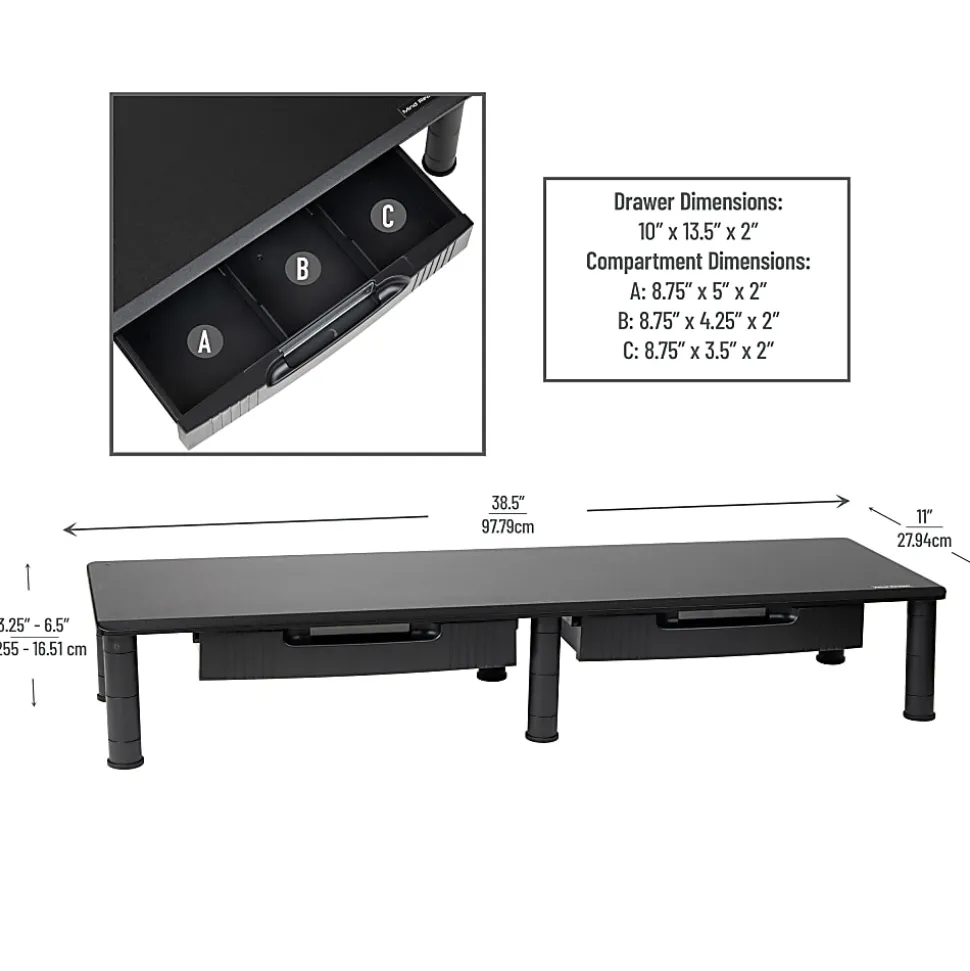 Mind Reader Dual-Monitor Stand With Drawers, 6-1/2"H x 11"W x 38-1/2"D, Black