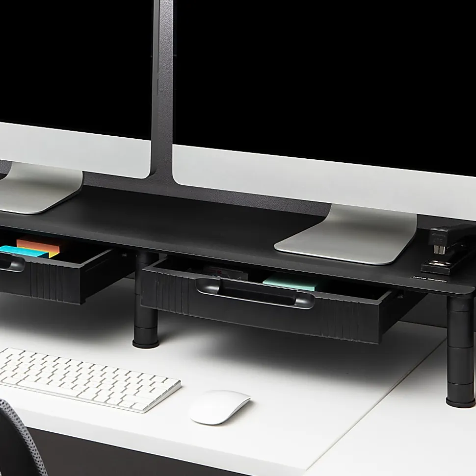 Mind Reader Dual-Monitor Stand With Drawers, 6-1/2"H x 11"W x 38-1/2"D, Black