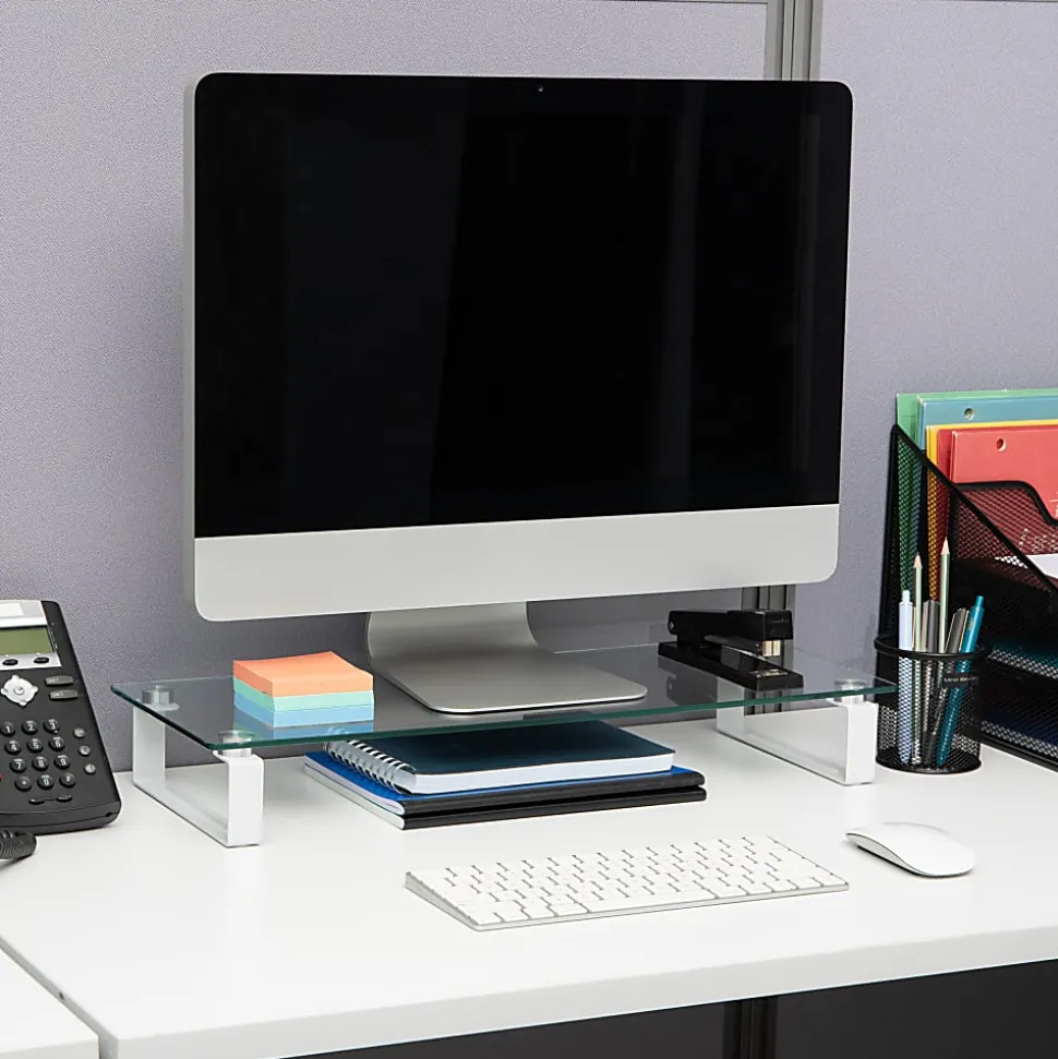 Mind Reader Glass Desktop Monitor Stand Riser for Computer, Laptop, Desk, 3"H x 22"W x 8-1/4"D, Clear