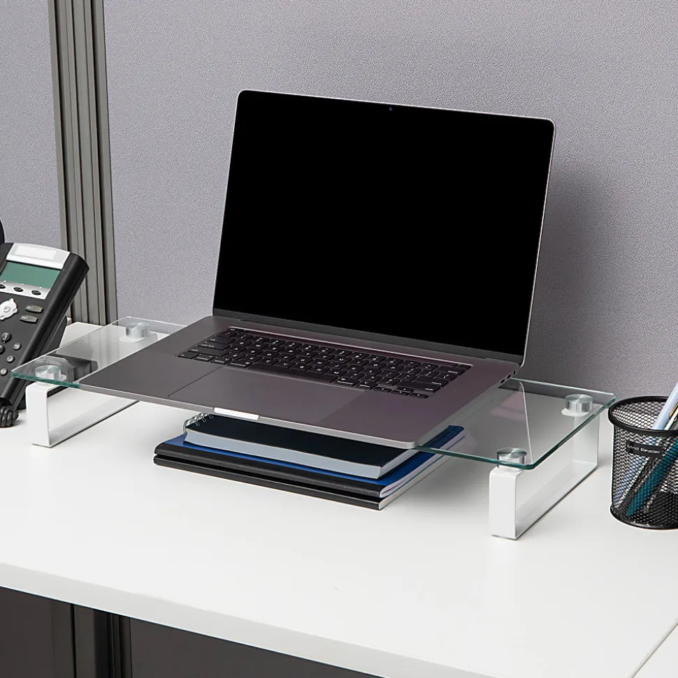 Mind Reader Glass Desktop Monitor Stand Riser for Computer, Laptop, Desk, 3"H x 22"W x 8-1/4"D, Clear