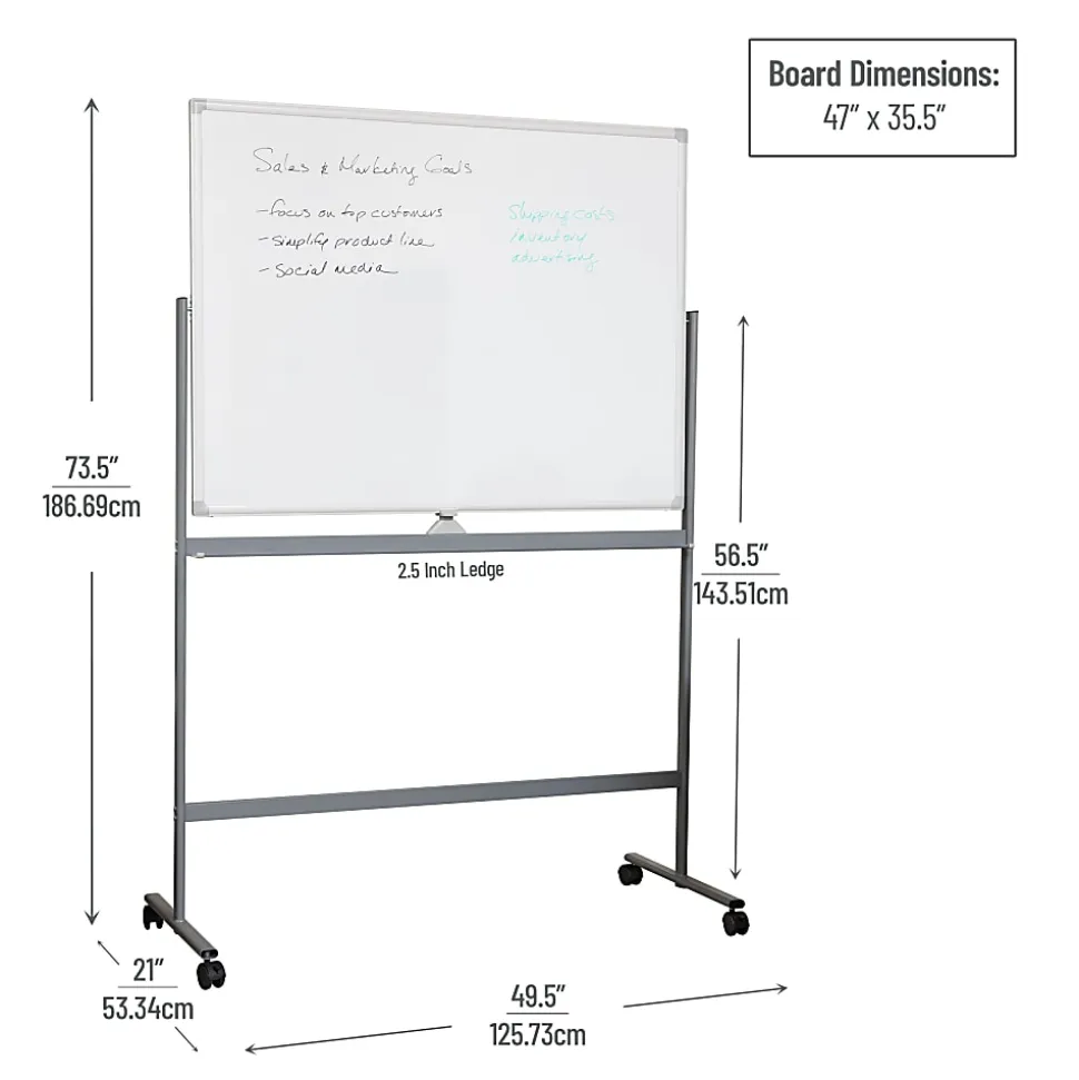Mind Reader Magnetic Double-Sided Dry-Erase White Board with Base and Wheels, 73-1/2"H x 21"W x 49-1/2"H, White