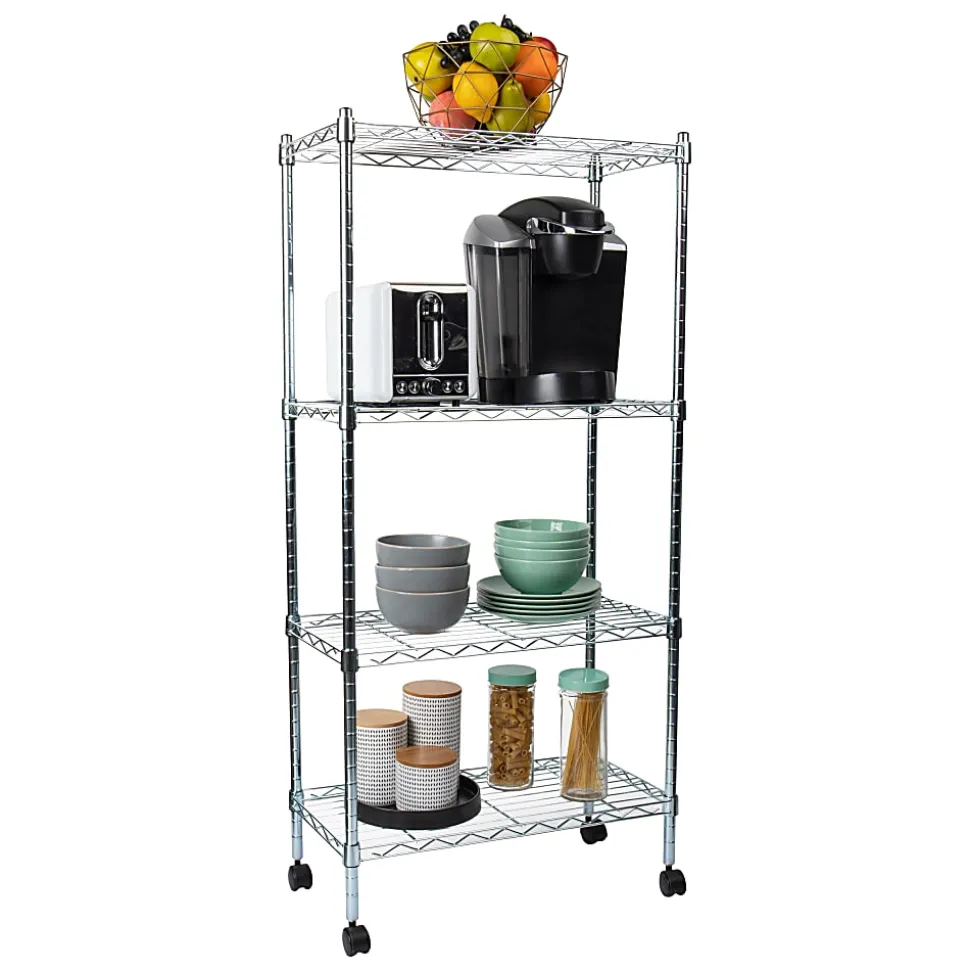 Mind Reader Metal Adjustable 4-Tier Industrial Storage Shelves with Wheels, 49-1/2"H x 13-1/2"W x 23-1/4"L, Silver