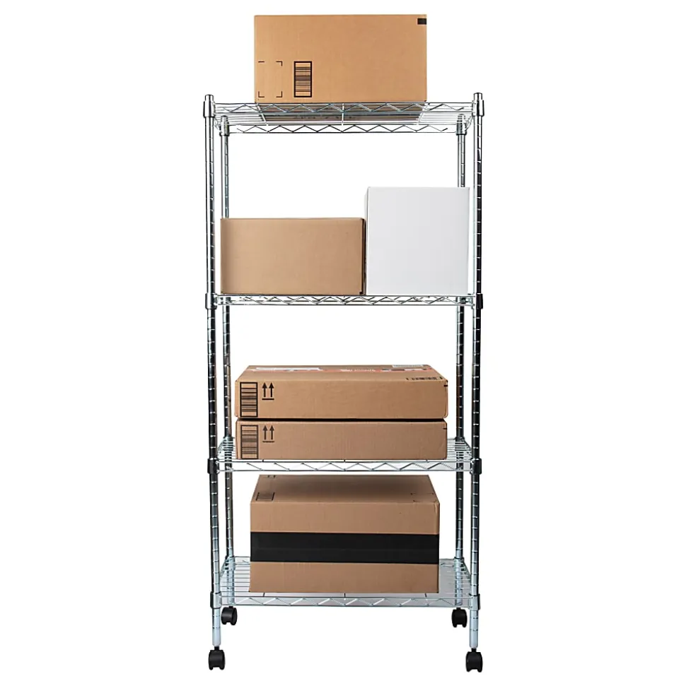 Mind Reader Metal Adjustable 4-Tier Industrial Storage Shelves with Wheels, 49-1/2"H x 13-1/2"W x 23-1/4"L, Silver