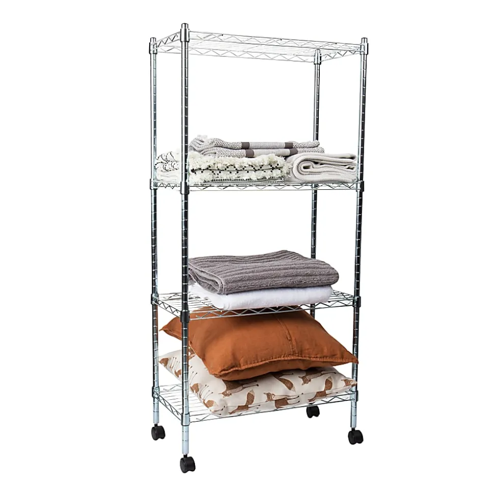 Mind Reader Metal Adjustable 4-Tier Industrial Storage Shelves with Wheels, 49-1/2"H x 13-1/2"W x 23-1/4"L, Silver