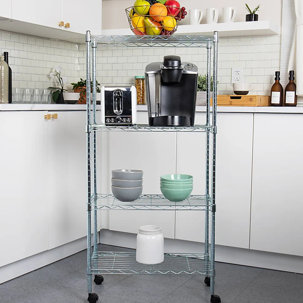 Mind Reader Metal Adjustable 4-Tier Industrial Storage Shelves with Wheels, 49-1/2"H x 13-1/2"W x 23-1/4"L, Silver