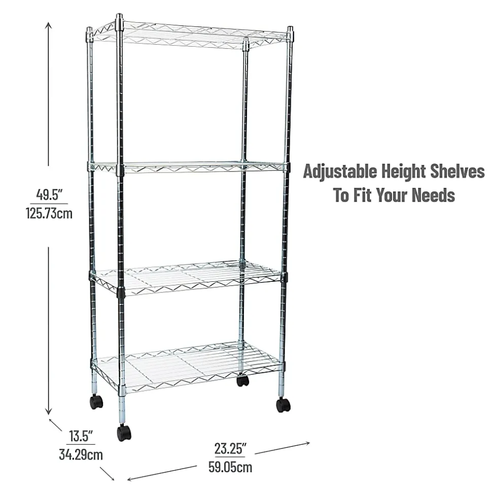 Mind Reader Metal Adjustable 4-Tier Industrial Storage Shelves with Wheels, 49-1/2"H x 13-1/2"W x 23-1/4"L, Silver