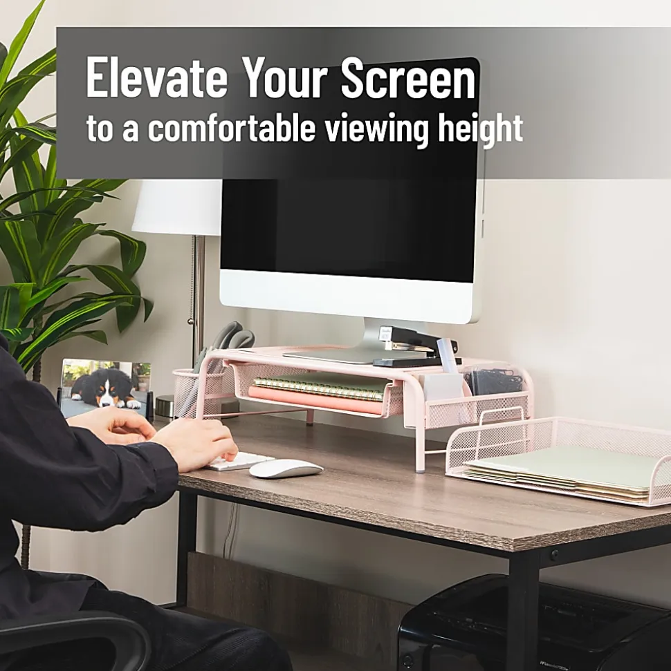 Mind Reader Metal Mesh Monitor Stand, 5-1/2"H x 11-1/2"W x 20"D, Pink