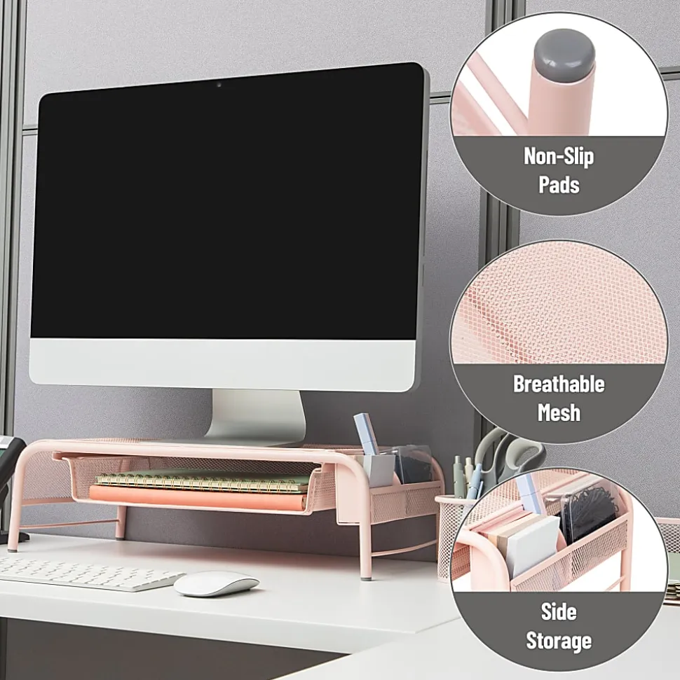 Mind Reader Metal Mesh Monitor Stand, 5-1/2"H x 11-1/2"W x 20"D, Pink