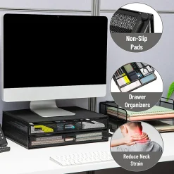 Mind Reader Metal Monitor Stand Ventilated Laptop Riser Storage Drawer, 4-1/2”H x 12”W x 15-3/4”D, Black