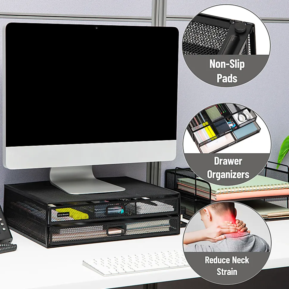 Mind Reader Metal Monitor Stand Ventilated Laptop Riser Storage Drawer, 4-1/2”H x 12”W x 15-3/4”D, Black