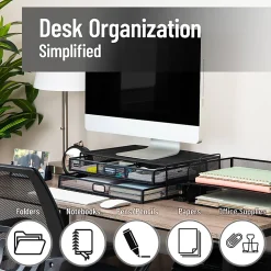 Mind Reader Metal Monitor Stand Ventilated Laptop Riser Storage Drawer, 4-1/2”H x 12”W x 15-3/4”D, Black