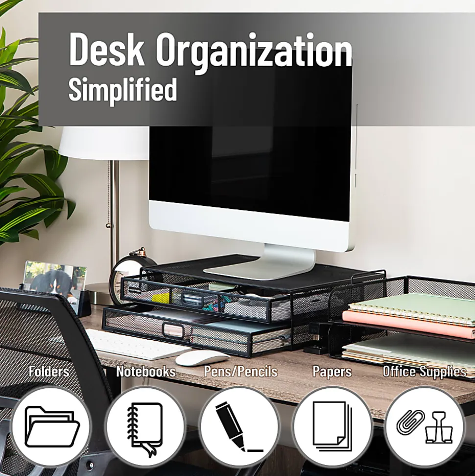 Mind Reader Metal Monitor Stand Ventilated Laptop Riser Storage Drawer, 4-1/2”H x 12”W x 15-3/4”D, Black