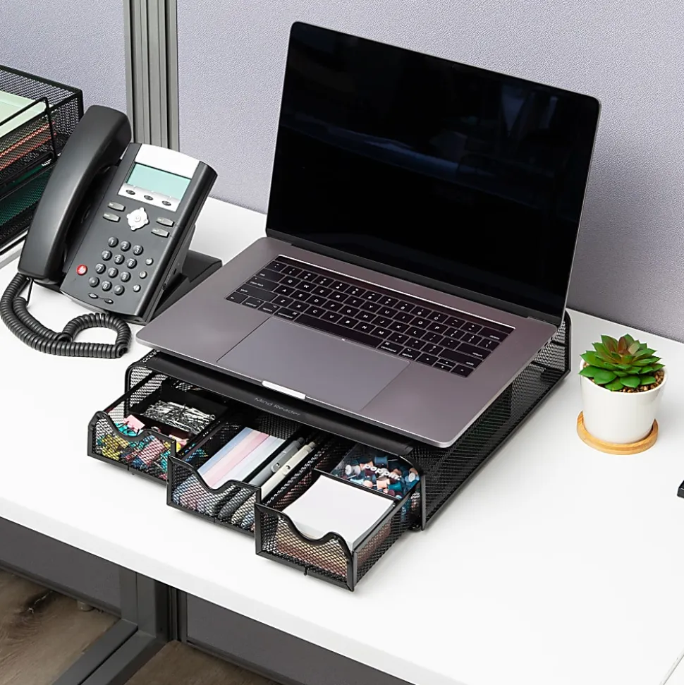 Mind Reader Metal Monitor Stand and Desk Organizer, 3"H x 12-1/2"W x 13-1/4"L, Black