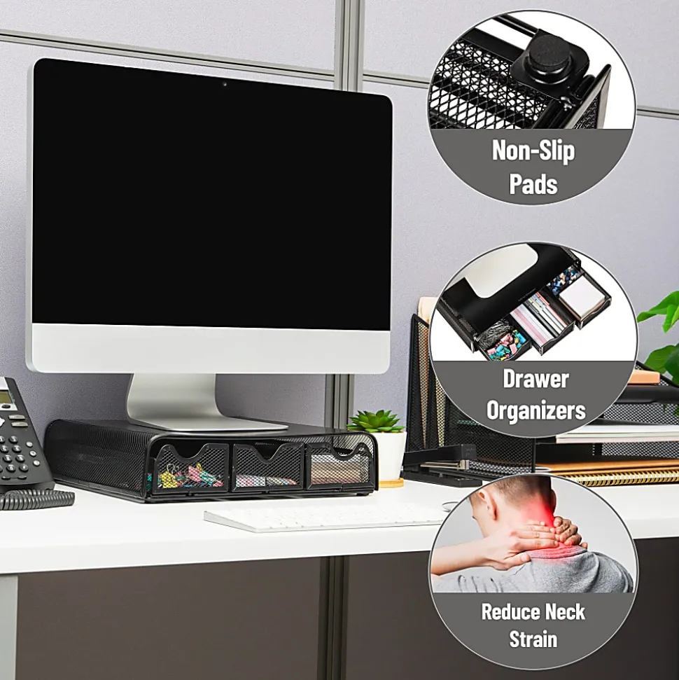 Mind Reader Metal Monitor Stand and Desk Organizer, 3"H x 12-1/2"W x 13-1/4"L, Black