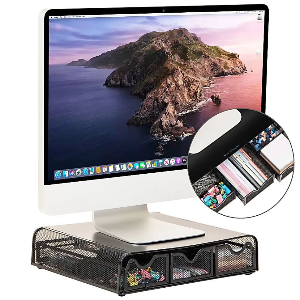 Mind Reader Metal Monitor Stand and Desk Organizer, 3"H x 12-1/2"W x 13-1/4"L, Black