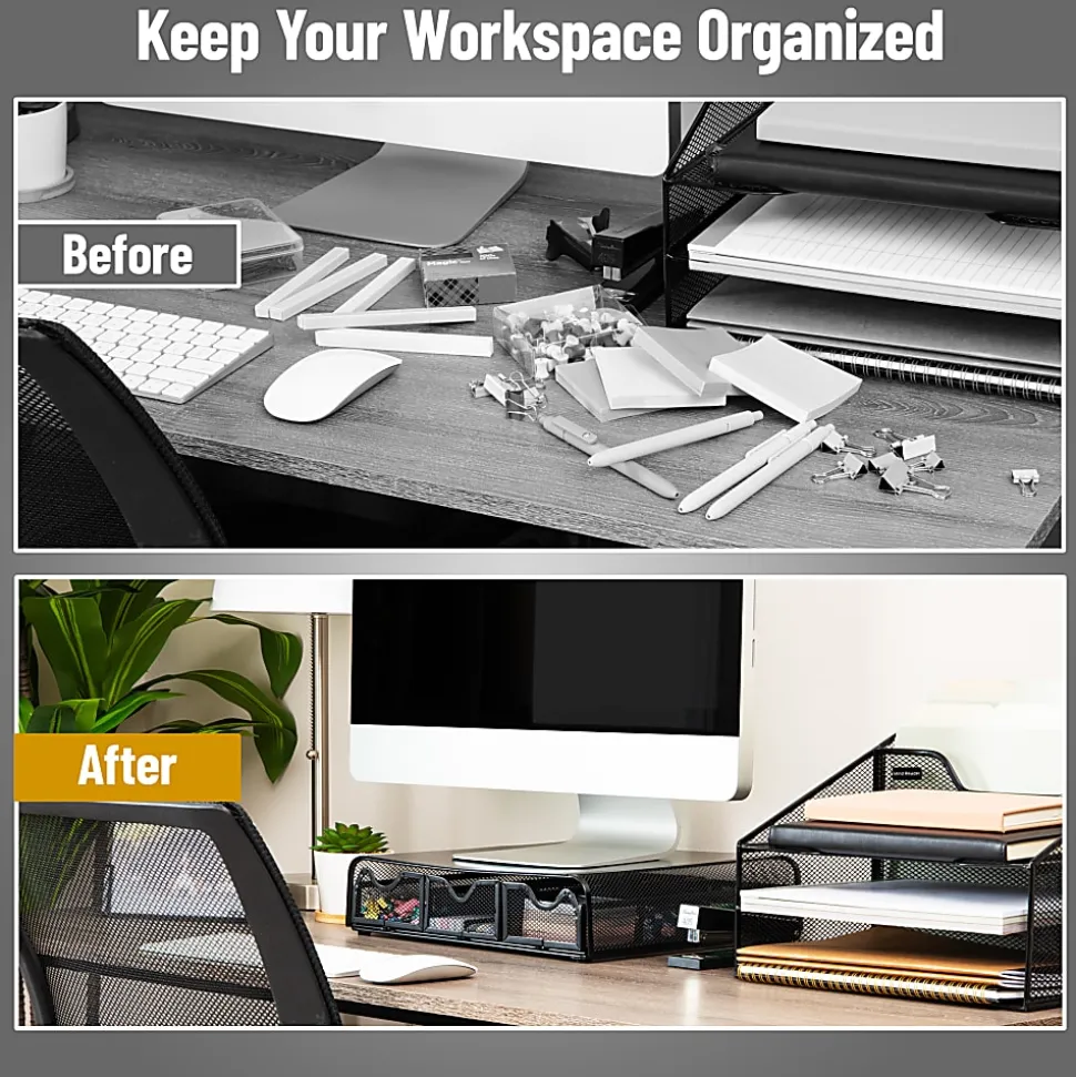 Mind Reader Metal Monitor Stand and Desk Organizer, 3"H x 12-1/2"W x 13-1/4"L, Black
