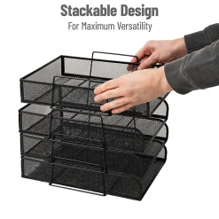 Mind Reader Metal Stackable Paper Tray Desktop Organizer, 11-1/4”H x 13-1/2”W x 10-1/2”D, Black