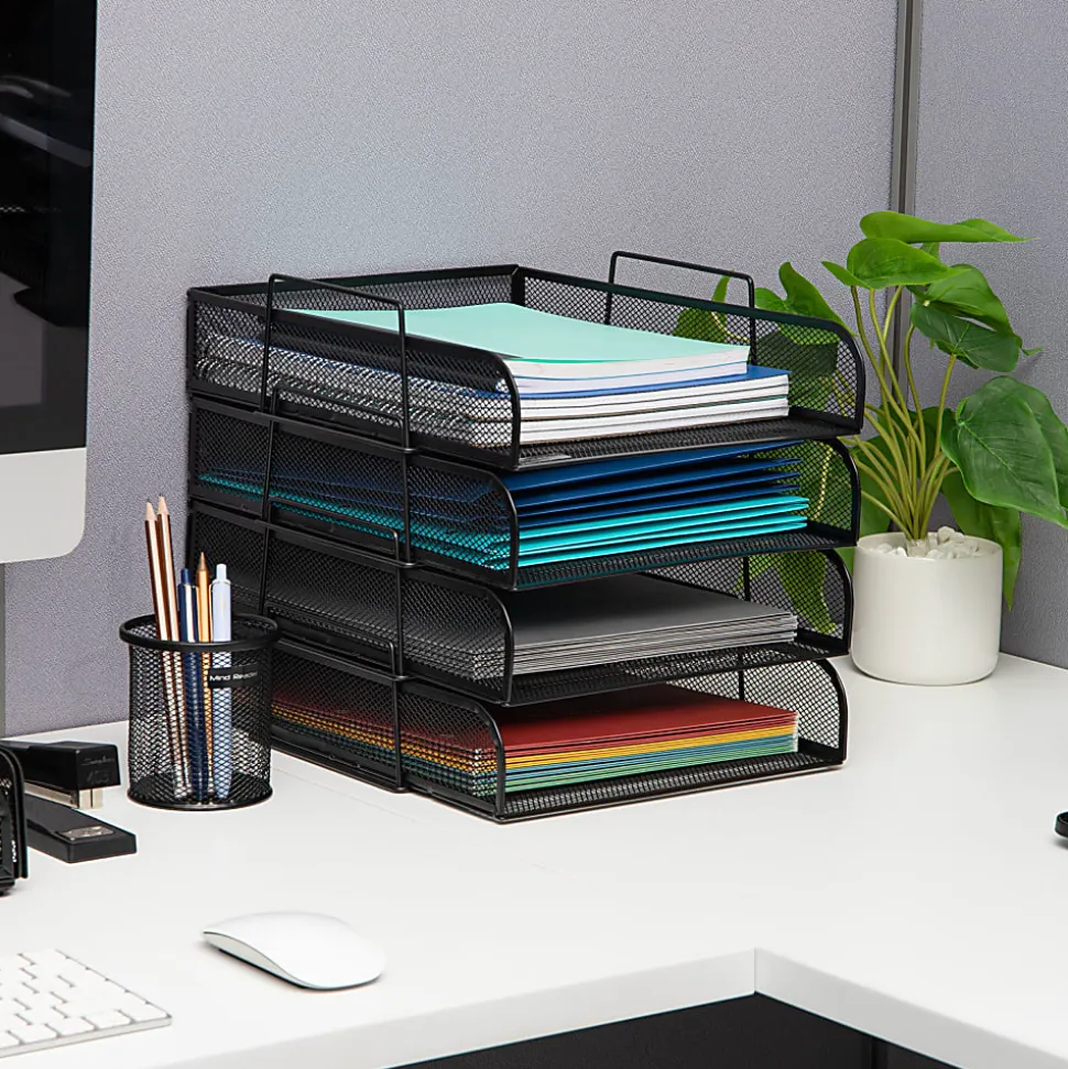 Mind Reader Metal Stackable Paper Tray Desktop Organizer, 11-1/4”H x 13-1/2”W x 10-1/2”D, Black
