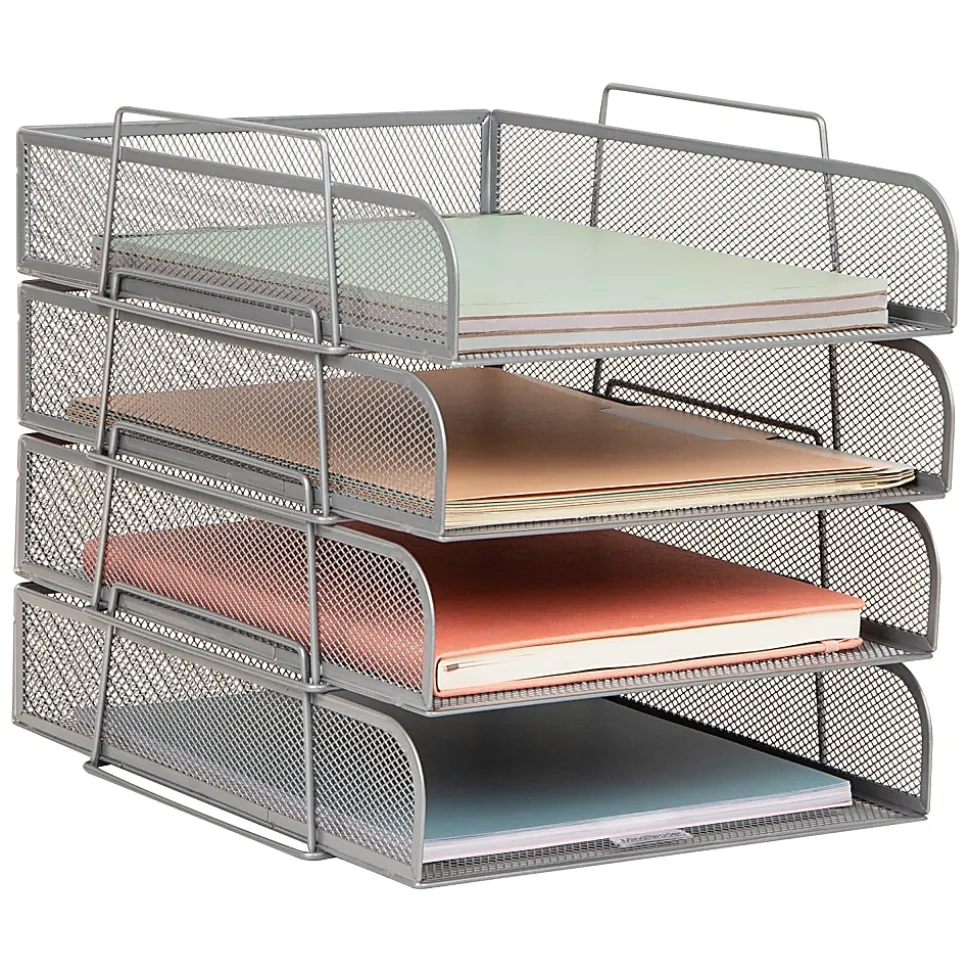 Mind Reader Metal Stackable Paper Tray Desktop Organizer, 11-1/4”H x 13-1/2”W x 10-1/2”D, Silver