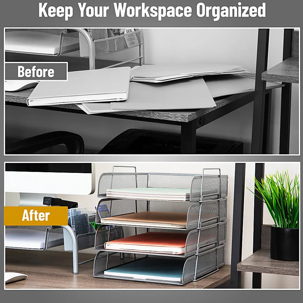 Mind Reader Metal Stackable Paper Tray Desktop Organizer, 11-1/4”H x 13-1/2”W x 10-1/2”D, Silver