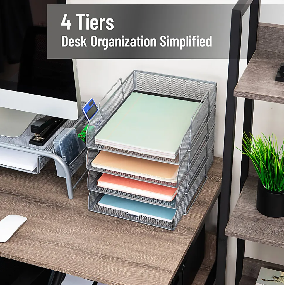 Mind Reader Metal Stackable Paper Tray Desktop Organizer, 11-1/4”H x 13-1/2”W x 10-1/2”D, Silver
