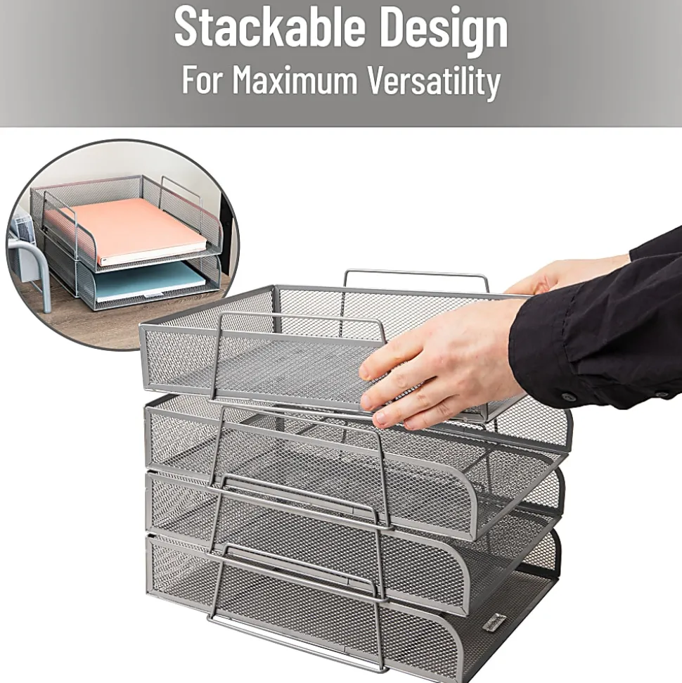 Mind Reader Metal Stackable Paper Tray Desktop Organizer, 11-1/4”H x 13-1/2”W x 10-1/2”D, Silver