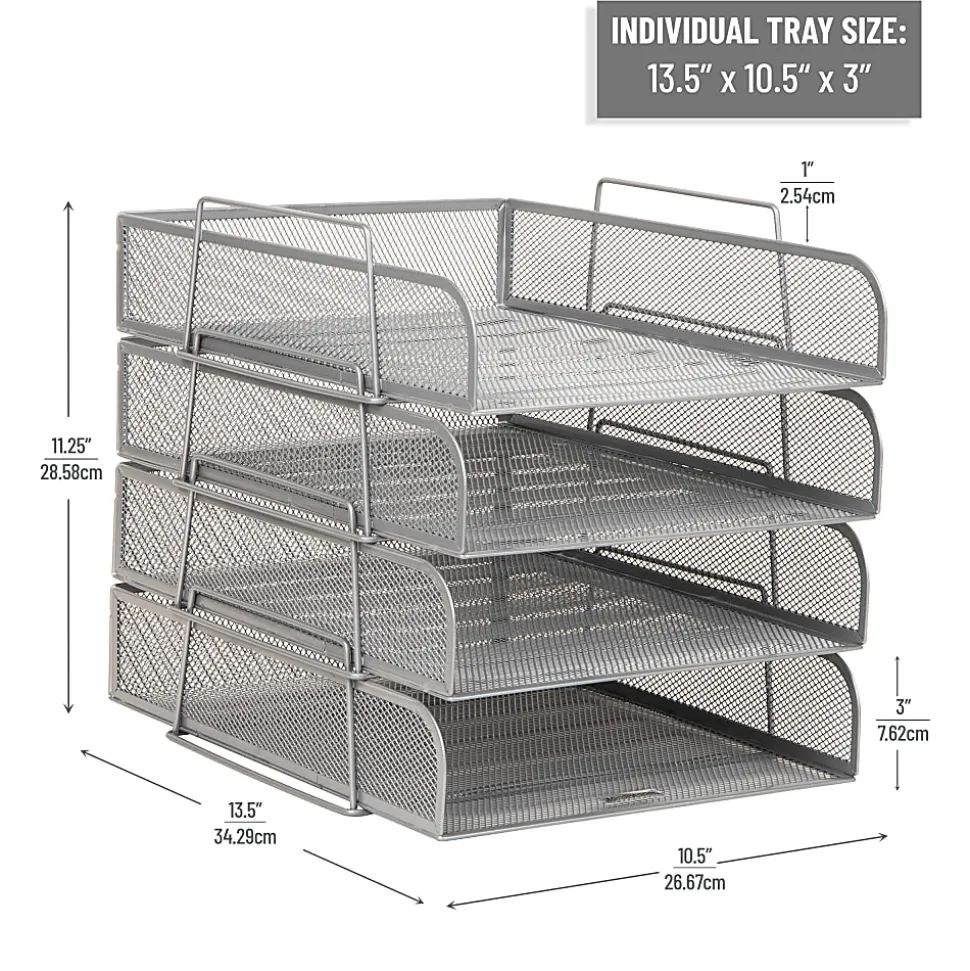 Mind Reader Metal Stackable Paper Tray Desktop Organizer, 11-1/4”H x 13-1/2”W x 10-1/2”D, Silver