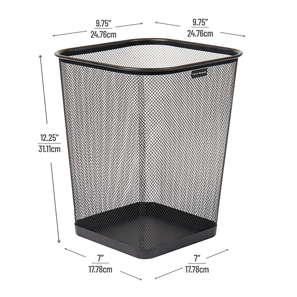 Mind Reader Metal Trash Can Square Waste Paper Basket, 12 1/4"H x 9 3/4"W x 9 3/4"D, Black, Set of 2