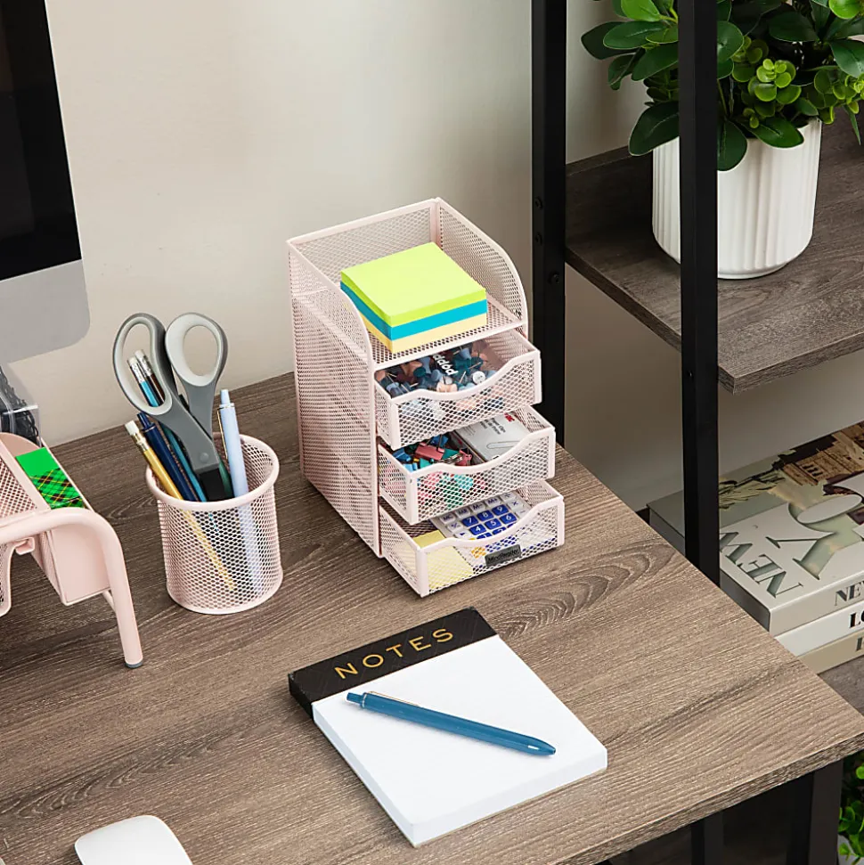 Mind Reader Mini Desk Supplies Office Supplies Organizer, 8"H x 5"W x 4-3/4"D, Pink