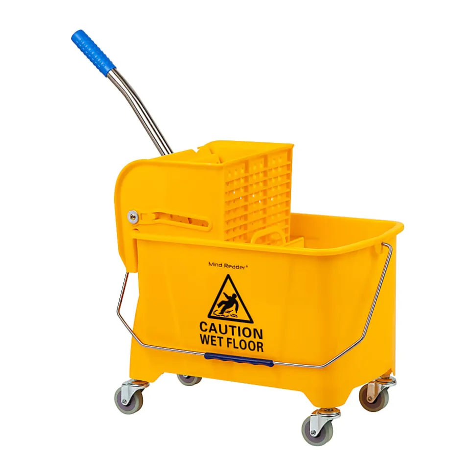 Mind Reader Mobile Heavy-Duty Mop Bucket With Upward Press Wringer, 5.5 Gallon, 24-1/2"H x 10-3/4"W x 16-1/4"D, Yellow
