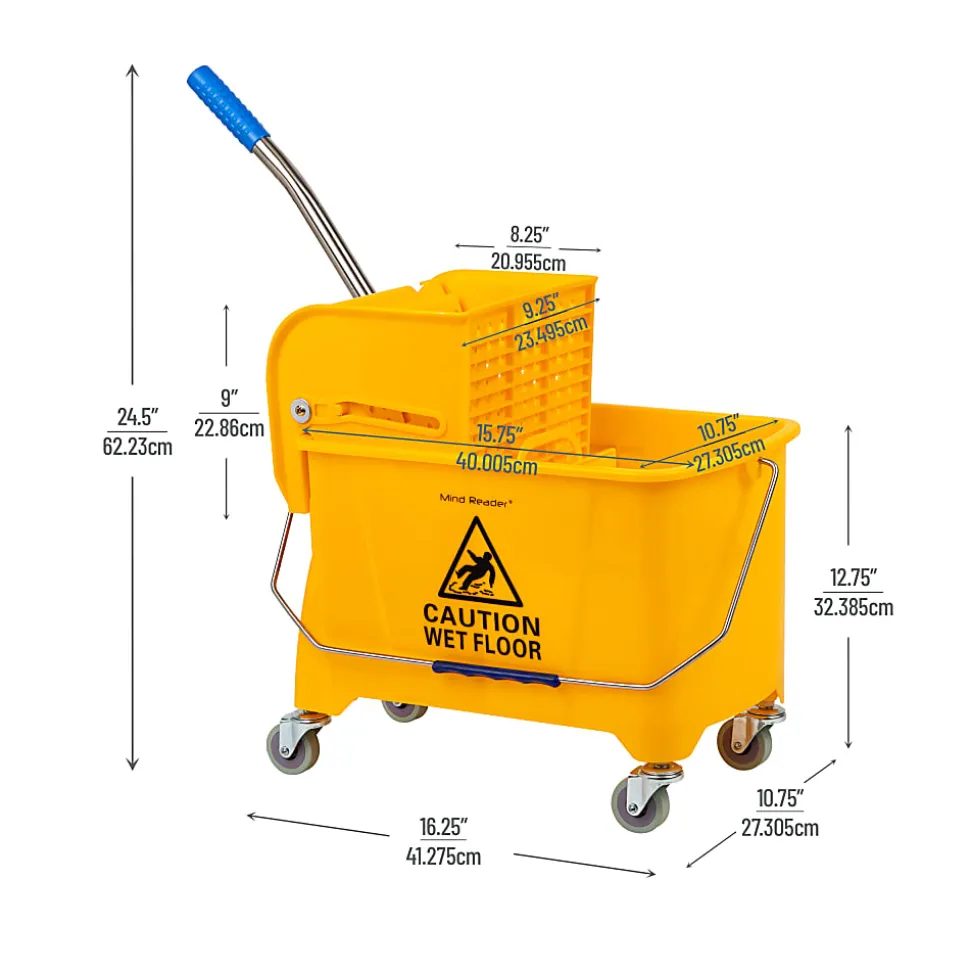 Mind Reader Mobile Heavy-Duty Mop Bucket With Upward Press Wringer, 5.5 Gallon, 24-1/2"H x 10-3/4"W x 16-1/4"D, Yellow