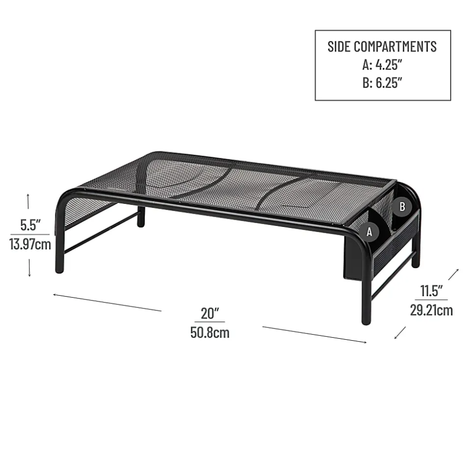 Mind Reader Monitor Stand 2 Side Storage Compartment, 5-1/2"H x 11-1/2"W x 20"L, Black