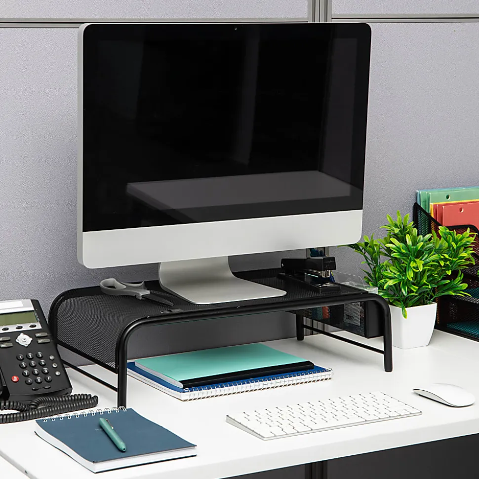 Mind Reader Monitor Stand 2 Side Storage Compartment, 5-1/2"H x 11-1/2"W x 20"L, Black