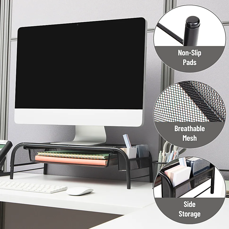 Mind Reader Monitor Stand Ventilated Laptop Riser Metal Paper Tray, 5 1/2"H x 11 1/2"W x 20"D, Black, Set of 2 Organizers