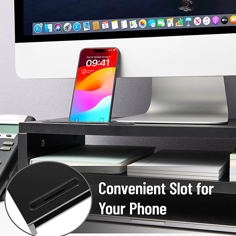 Mind Reader Monitor Stand With Phone Slot And Storage Shelf, 5-1/2"H x 9"W x 15-3/4"D, Black