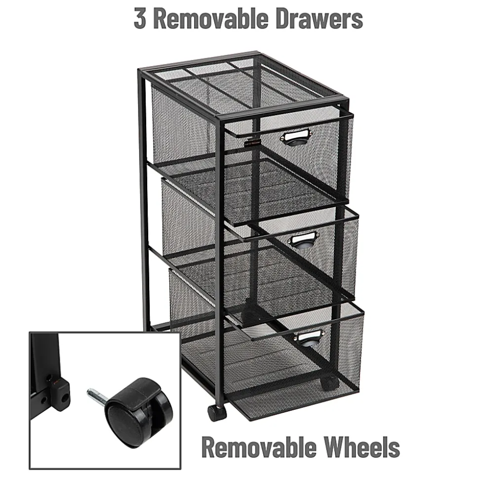 Mind Reader Multipurpose Cart with Drawers, Metal Mesh, Black, 25"H x 14"W x 11"L