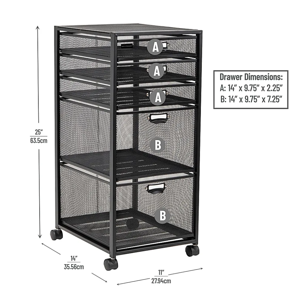 Mind Reader Multipurpose Rolling Storage Cart with Drawers, Office Organizer, Utility Cart, 25"H x 14"W x 11"D, Black