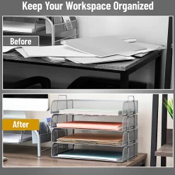 Mind Reader 4-Piece Stackable Paper Tray Desktop Organizer, 11-1/2”H x 9-3/4”W x 13-1/4”D, Silver