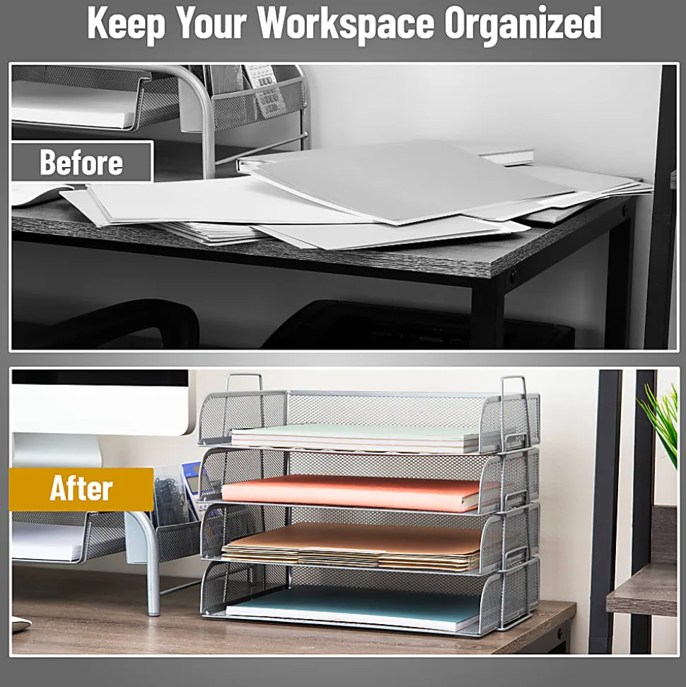 Mind Reader 4-Piece Stackable Paper Tray Desktop Organizer, 11-1/2”H x 9-3/4”W x 13-1/4”D, Silver