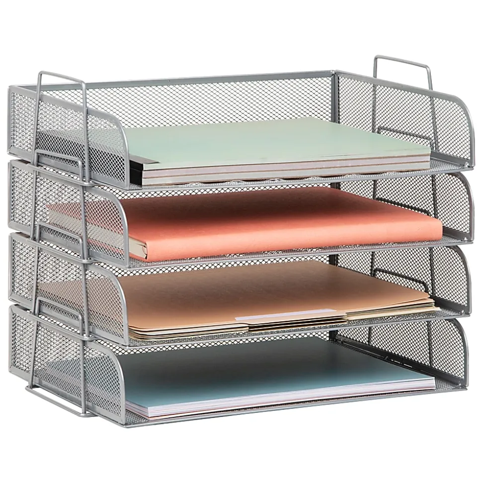 Mind Reader 4-Piece Stackable Paper Tray Desktop Organizer, 11-1/2”H x 9-3/4”W x 13-1/4”D, Silver