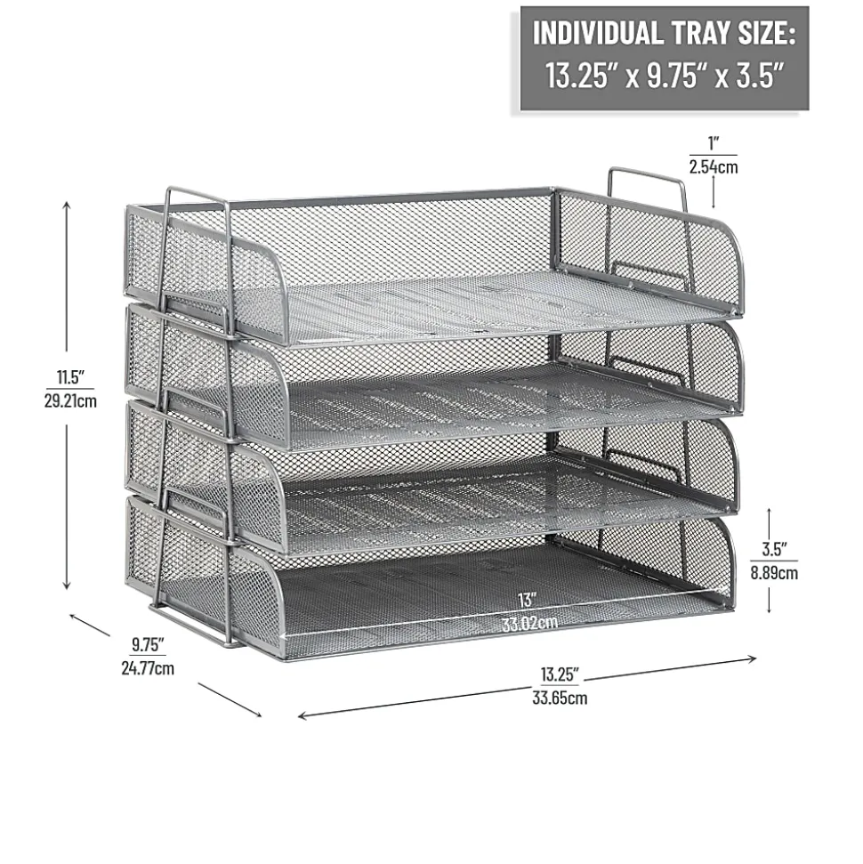 Mind Reader 4-Piece Stackable Paper Tray Desktop Organizer, 11-1/2”H x 9-3/4”W x 13-1/4”D, Silver