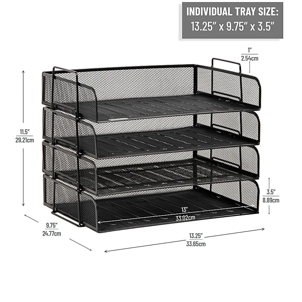 Mind Reader 4-Piece Stackable Paper Tray Desktop Organizer, 11-1/2”H x 9-3/4”W x 13-1/4”D, Black